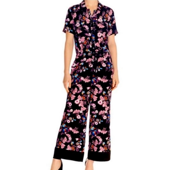 Sandro Paris  Olivier Floral Crepe Jumpsuit In Black/ Pink  Officecore cSz S - Picture 1 of 11